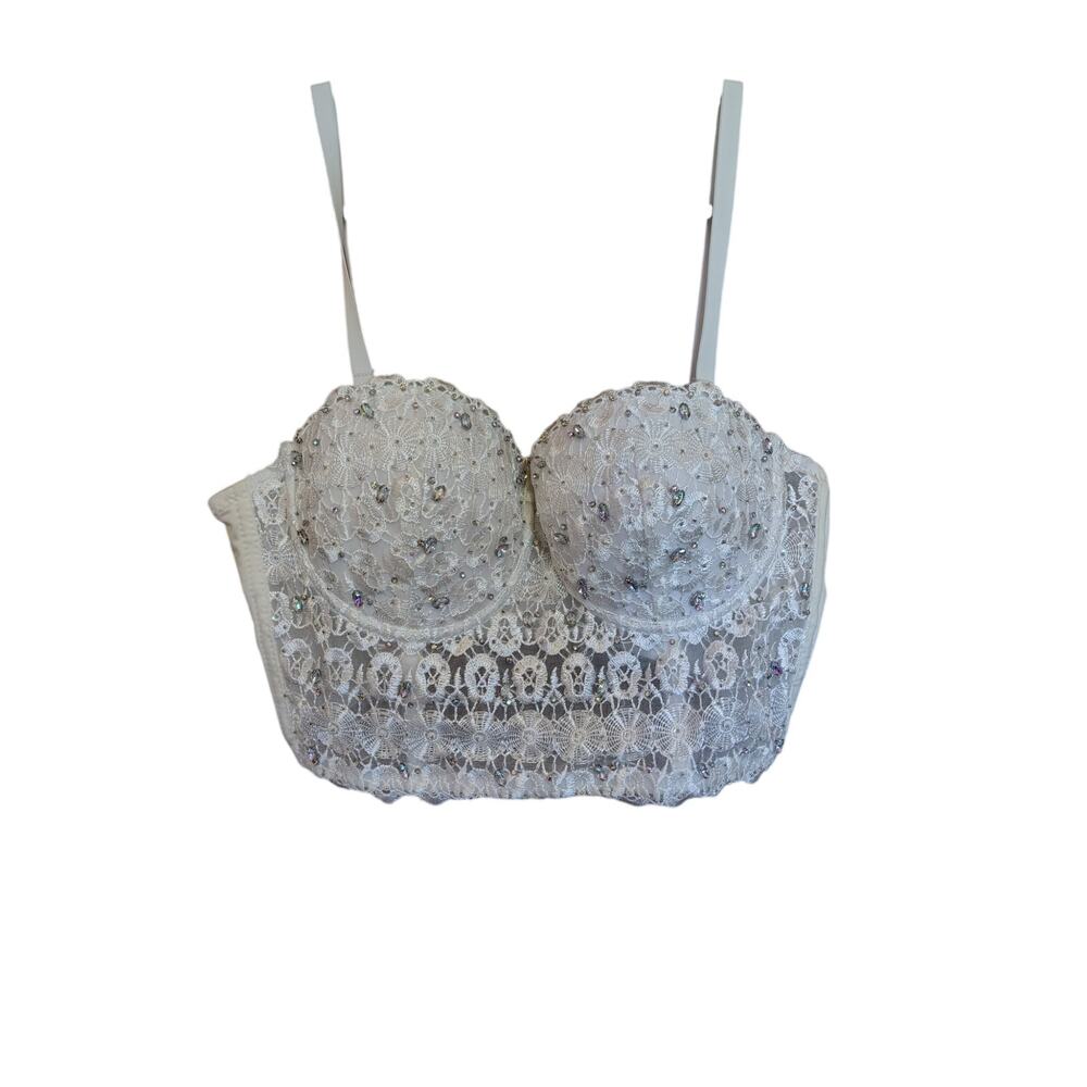 Windsor Corset Top Bling rhinestone lace cream crop bra top M new wired push up